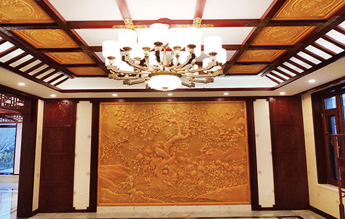 阳原中式别墅客厅中式木作横梁吊顶装饰展示